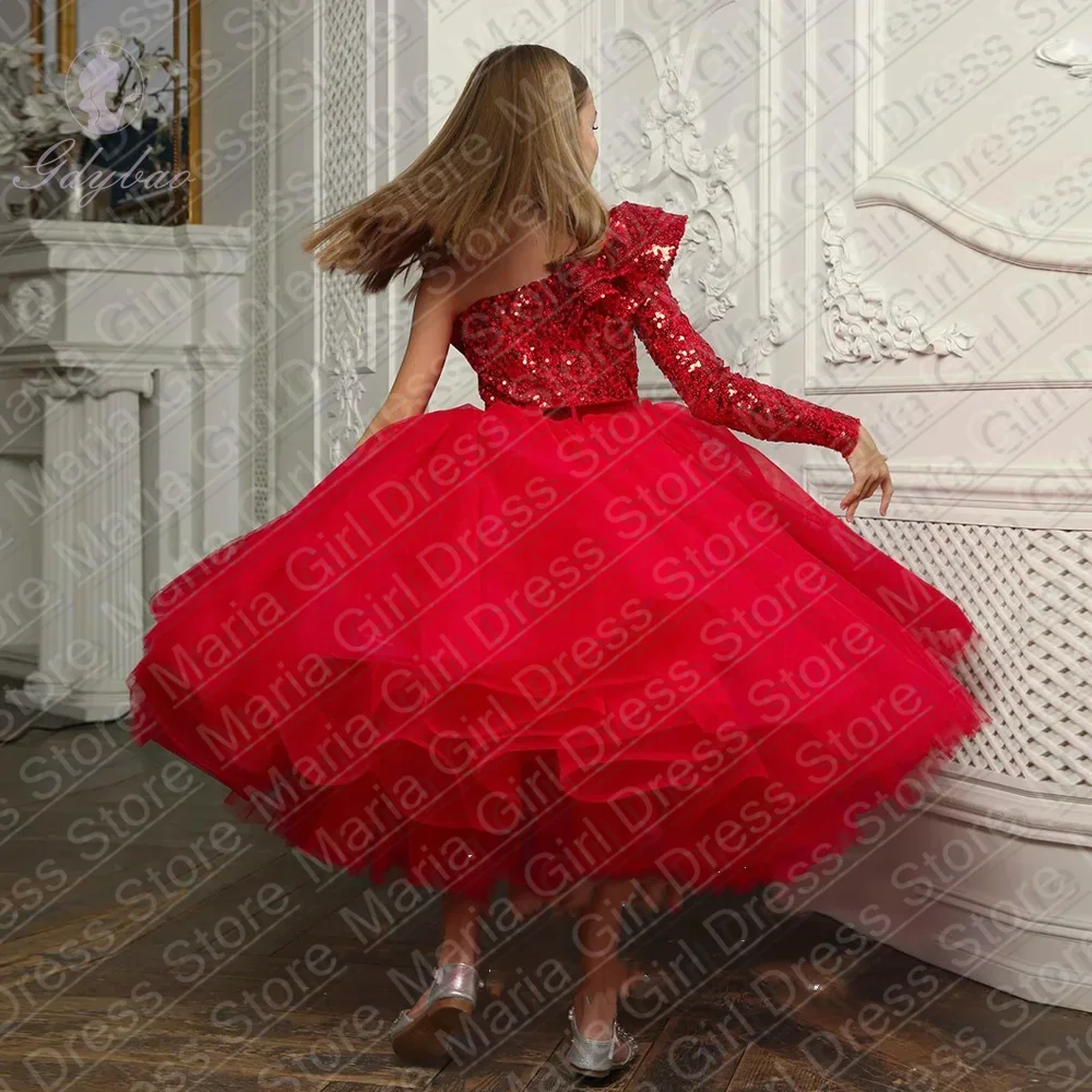 Red Customized One Shoulder Long Sleeve Flower Girl Dress Children Birthday Wedding Party Dresses Sequined Official Events Gown