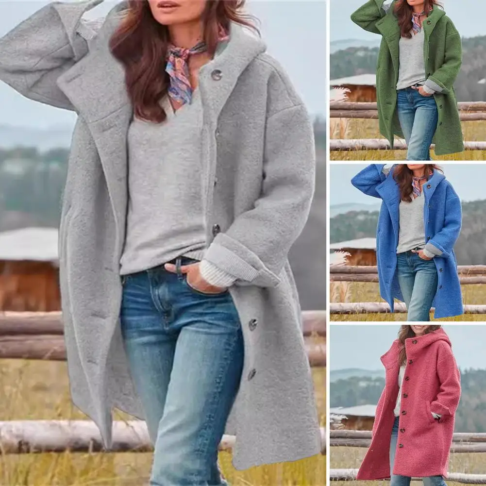 Loose Fit Jacket Women’s Hooded Autumn Coat with Buttons Mid-length Outerwear with Pockets Long Sleeve Solid Color for Fall