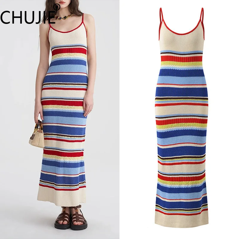 

CHUJIE Women's Dress 2025 Spring/Summer New French Seaside Vacation Style Rainbow Stripe Slimming Suspender Knitted Dress