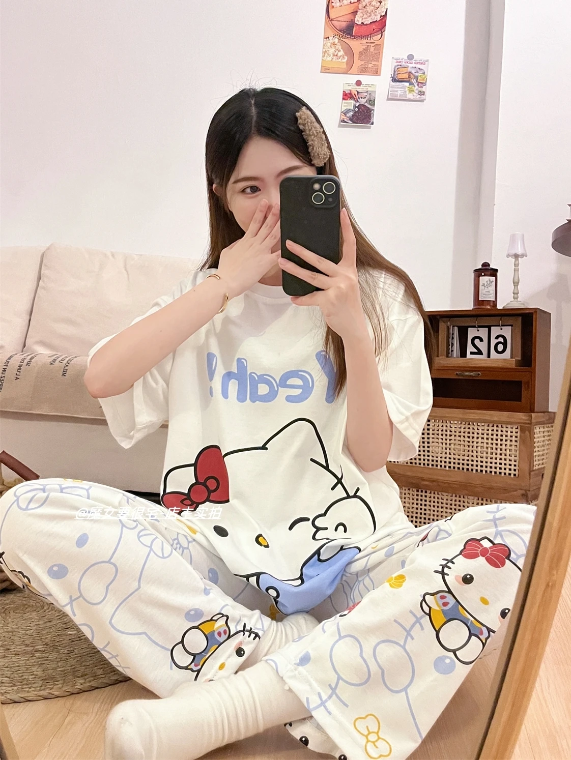 

Women's and girls' pajama sets, short sleeve and long pants sets, Hello Kitty pajama pants, sleepwear for all seasons