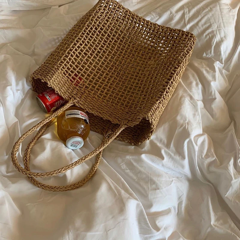 Ins Straw Woven Beach Bag Vacation Travel Beach Retro Korean Women Hollow Shoulder Bag Hand Woven Large Capacity Chic Tote