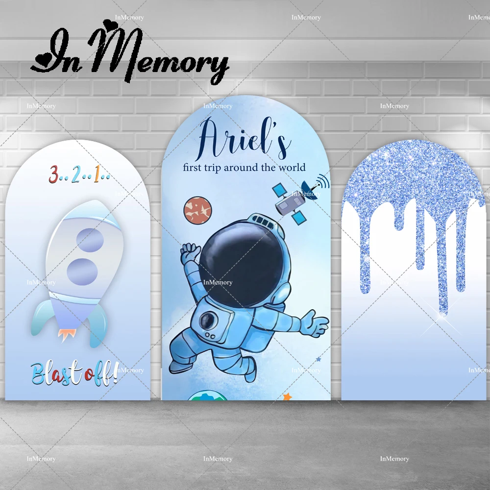 นักบินอวกาศอวกาศ Arch ฉากหลังฝาครอบ Blast Off Boys Baby Shower Birthday Party การถ่ายภาพพื้นหลัง Chiara Wall แบนเนอร์