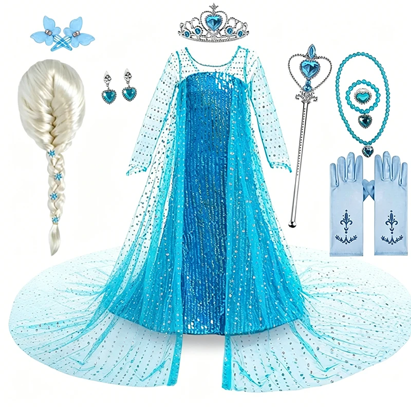Kids Elsa Princess Full Accessory Costume Set Sequins Cosplay Outfit Little Girls Halloween Birthday Party Clothes