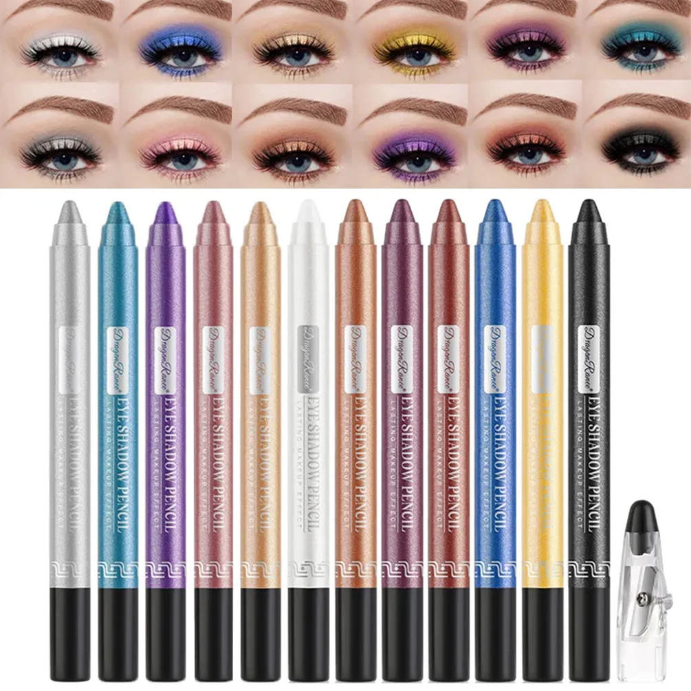 

12 Colors Shimmer Glitter Eyeshadow Eyeliner Pen Eye Shadow Stick Lying Silkworm Pearlescent Highlight With Sharpener Eyeshadow