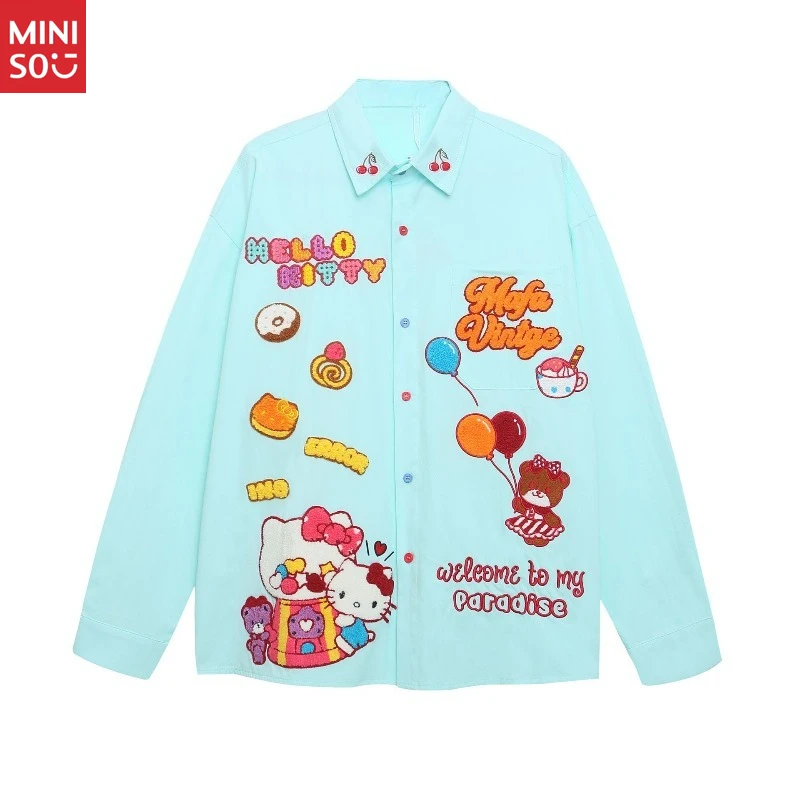 

Miniso 2025 New American Retro Cartoon Cat Heavy Duty Embroidery Long Sleeve Shirt Unisex Autumn Loose Casual Wear