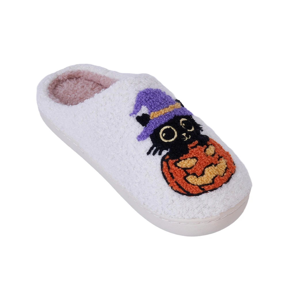 Теплая домашняя обувь без шнуровки с черным котом и тыквой, удобные термотапочки для пар, нескользящие мягкие меховые тапочки для домашней спальни