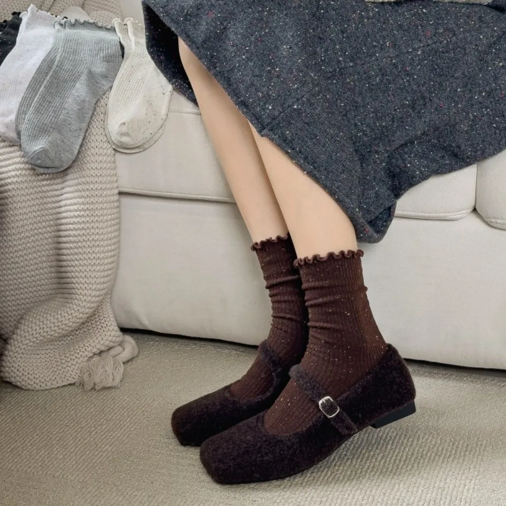 

Soft Solid Color Women's Socks Breathable Korean Style Ruffle Socks Middle Tube Winter Warm Socks Autumn