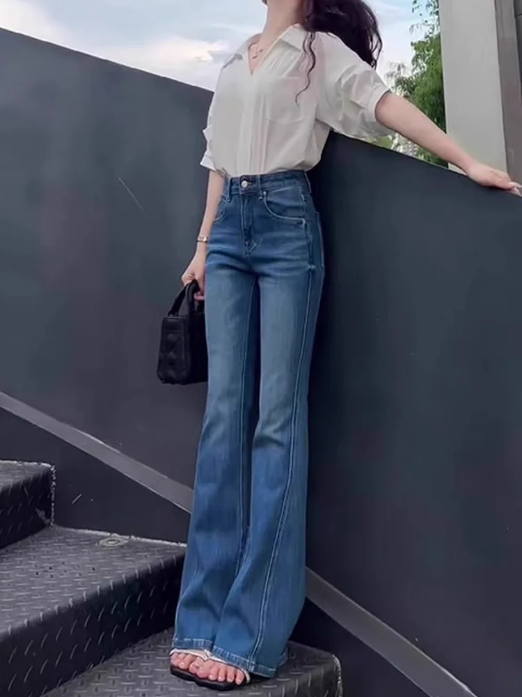 Retro Blue Fleece Lined Micro Flared Denim Jeans Women's High Waist Straight Leg Floor Length Pants Casual Cotton Stretch Denim