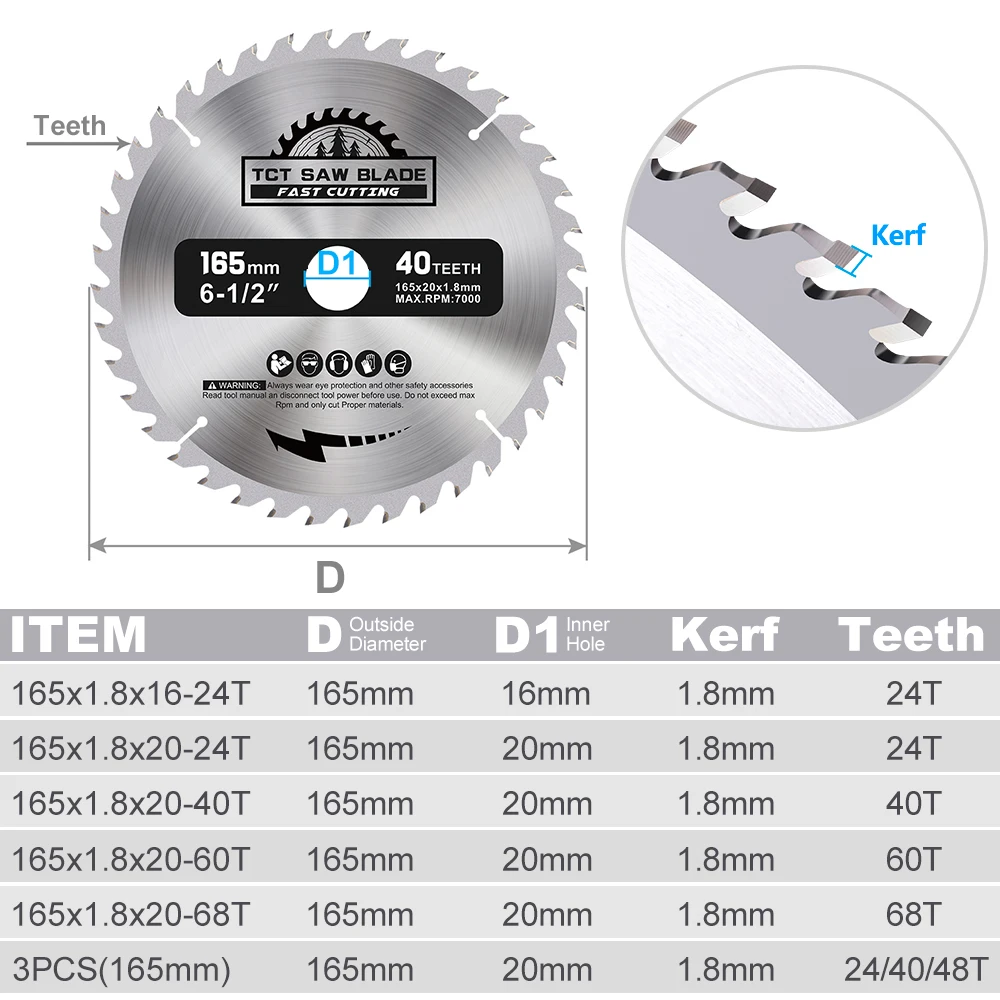 CMCP 1 قطعة TCT شفرة منشار النجارة 165 مللي متر شفرة منشار دائري TCT كربيد شفرة المنشار أسطوانة تقطيع الخشب 24/40/48/60T #2