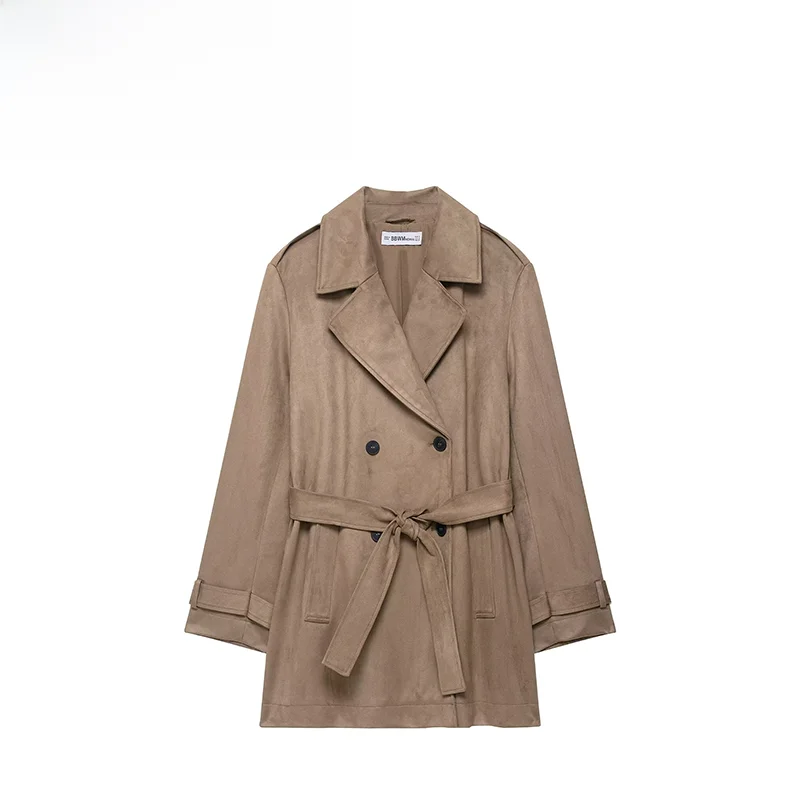 

Fall New Sle Faion Simple Match Reversible Faux Leather Effect Windbreaker Ladies' Coat Long Sve Suit Collar Double Bu...