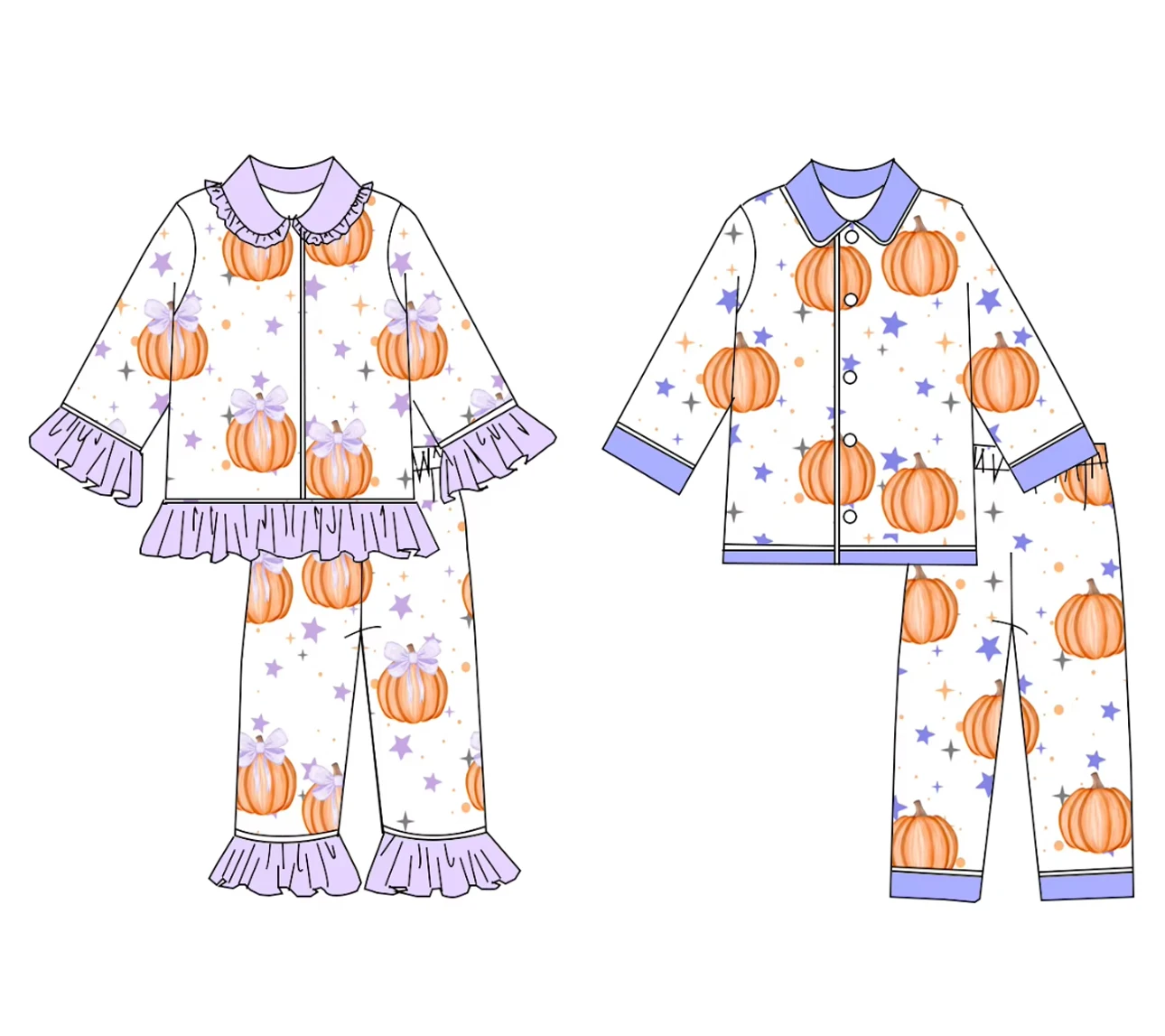 Thanksgiving Pumpkin and Star Print Boys and Girls Long Sleeve Long Pants Boutique Pajama Set
