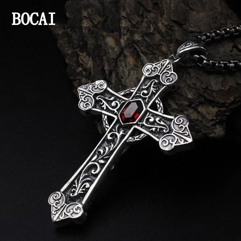 BOCAI New S990 Sterling Silver Trendy Couple Hip-hop Cross Pendant Valentine's Day Birthday Gift For Boyfriend