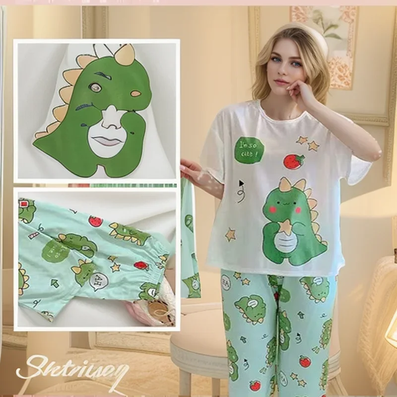3PCS/Set Women Summer O-Neck Pajamas Long-Sleeved Ladies Cute Floral Casual Simple Cartoon Dinosaurs Homewear Breathable Clothes