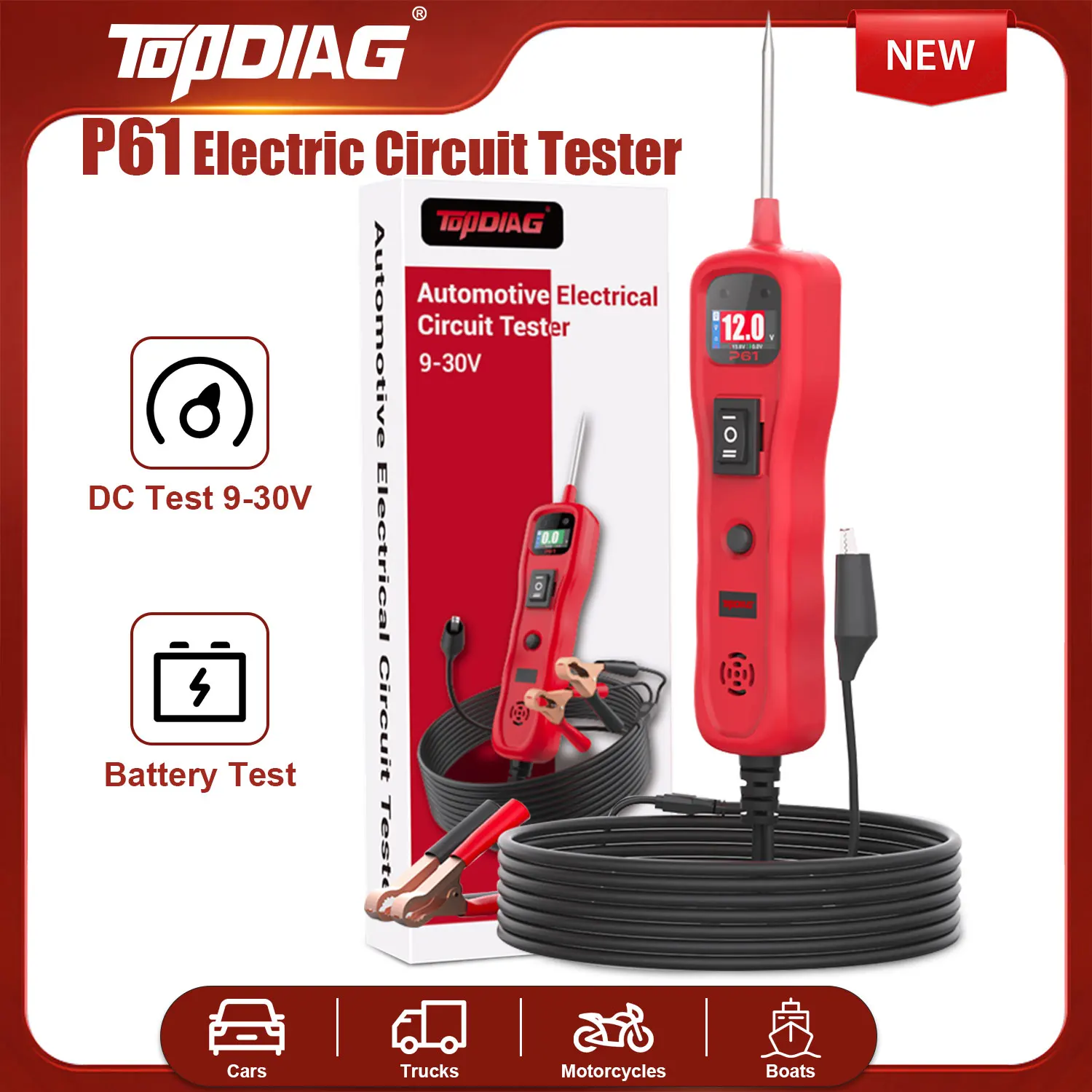 Topdiag P61 Electric Circuit Tester 9-30V Voltage Power Probe Kit Battery Diagnostic Tool for Cars&Trucks&Motorcycles&Boats