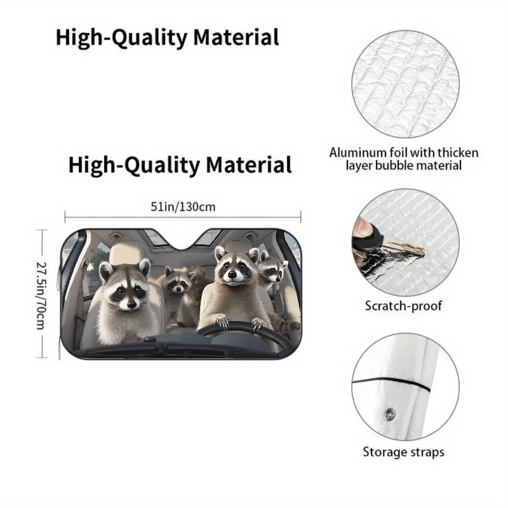 A Bunch Of Raccoons Are Lounging In The Rear Seat Of A Vehicle, Surrounded By Sunshades Designed For Cars, Including A Front Win