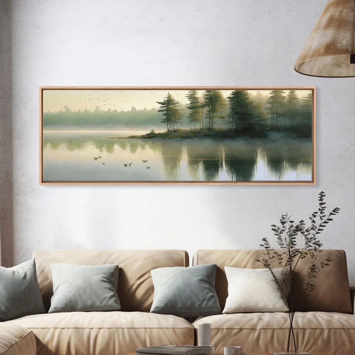Grande toile murale décorative - Scène paisible du lac et de la forêt du Pacifique Nord-Ouest, peinture de piniers brumeux pour la décoration du salon et de la chambre à coucher