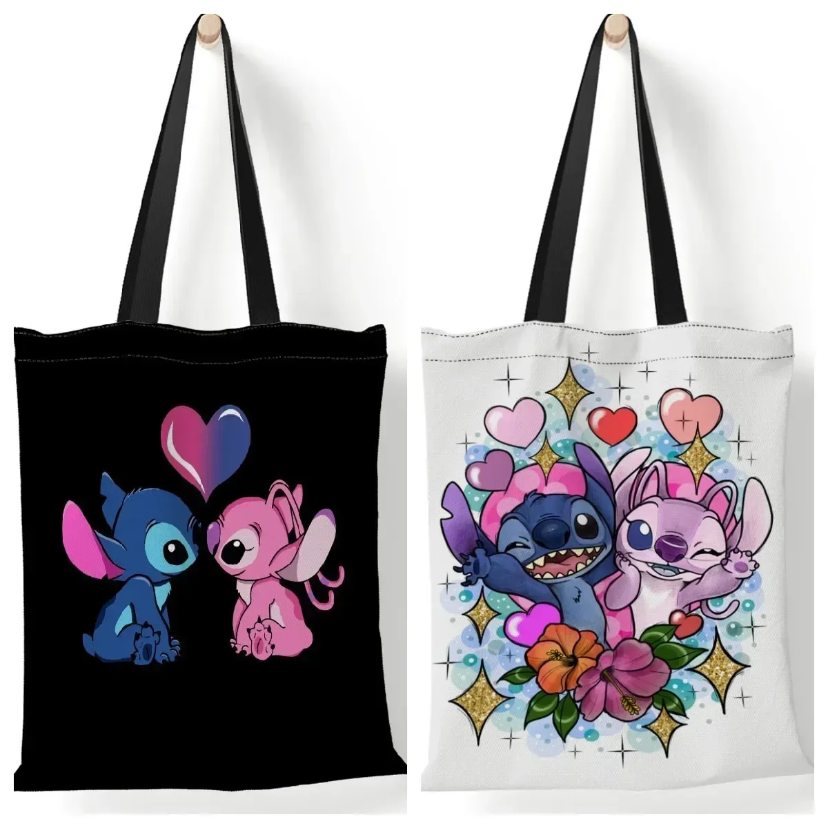 Disney Stitch Canvas Shoulder Bag Anime Lilo & Stitch Print Ladies Casual Handbag Tote Bag Reusable Large Capacity Shopping Bags