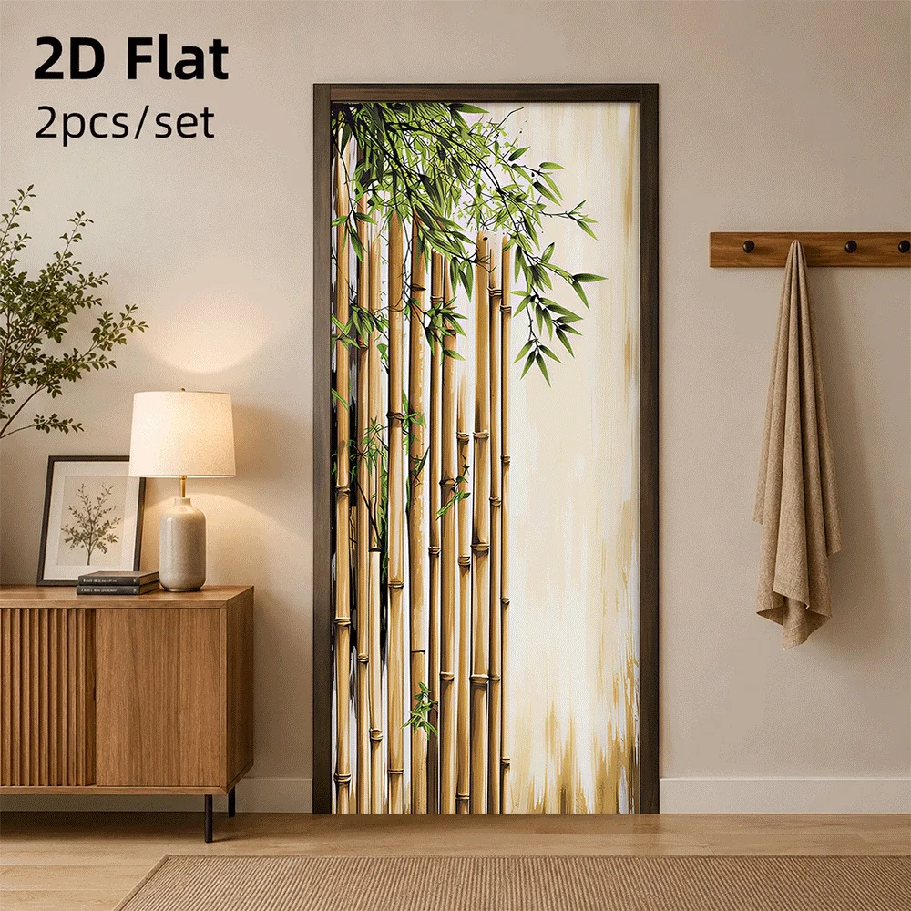 Autocollant de porte en bambou Zen chinois, 1 pièce, auto-adhésif, imperméable, décoration d'entrée pour salon et chambre à coucher, simulation de bambou