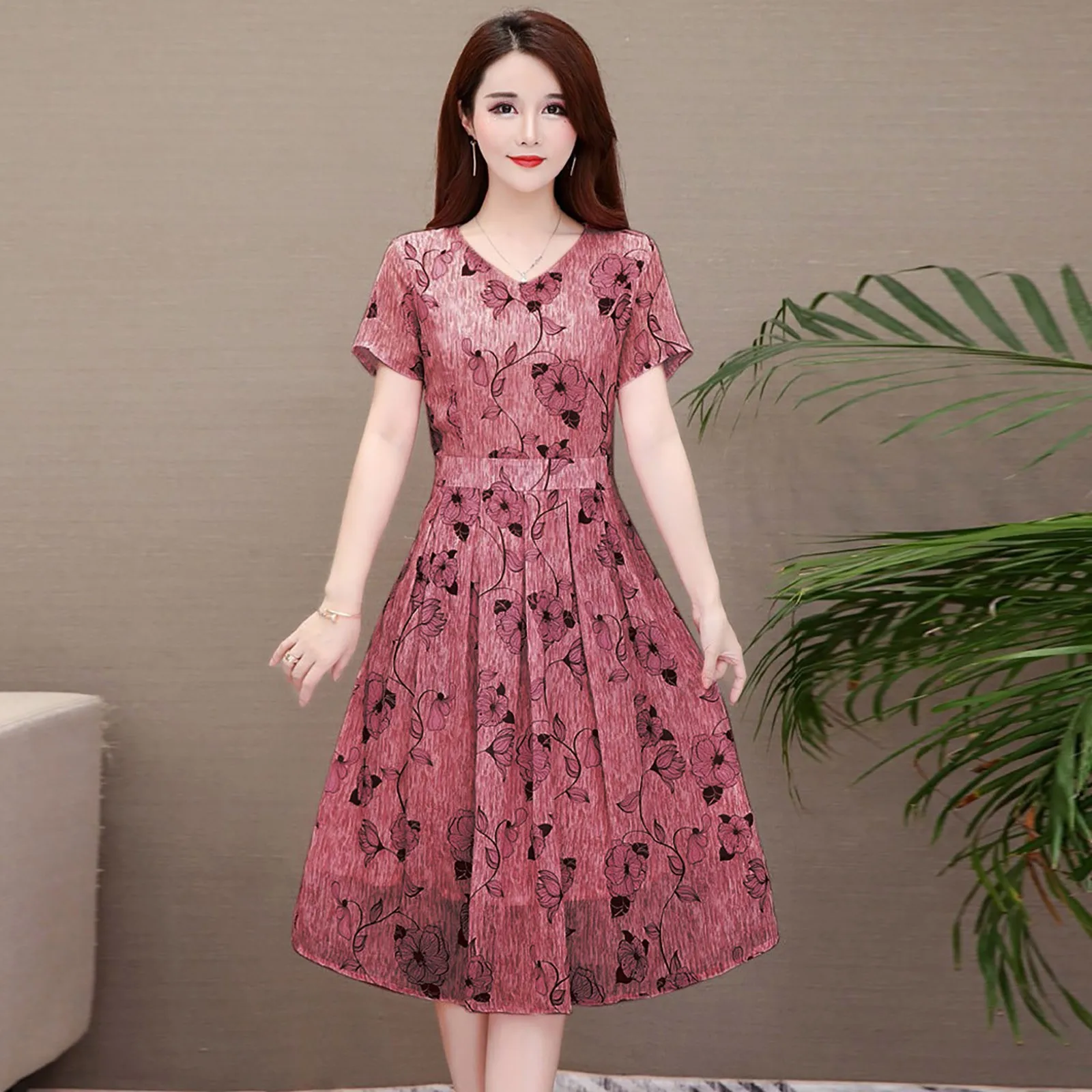 

V-Neck Fashion Short Sleeve Women Flower Printed Dress Casual A-Line Dress Floral Women's Dress Belly Covering Loose Dress