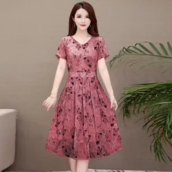 V-Neck Fashion Short Sleeve Women Printed Flower Dress Casual A-Line Dress Floral Women's Dress Belly Covering Loose Dress