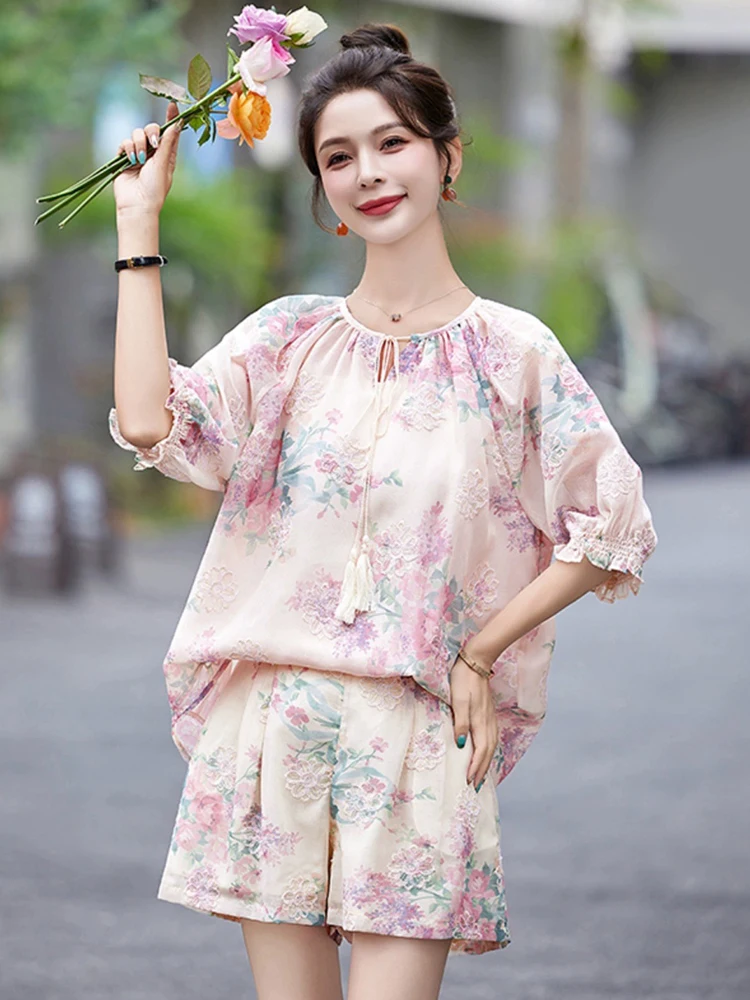 Elegant Shorts New In Matching Sets Female 2024 Summer Fashion Chic Floral Tops+Wide-Leg Shorts 2 Piece Sets Women Outfit