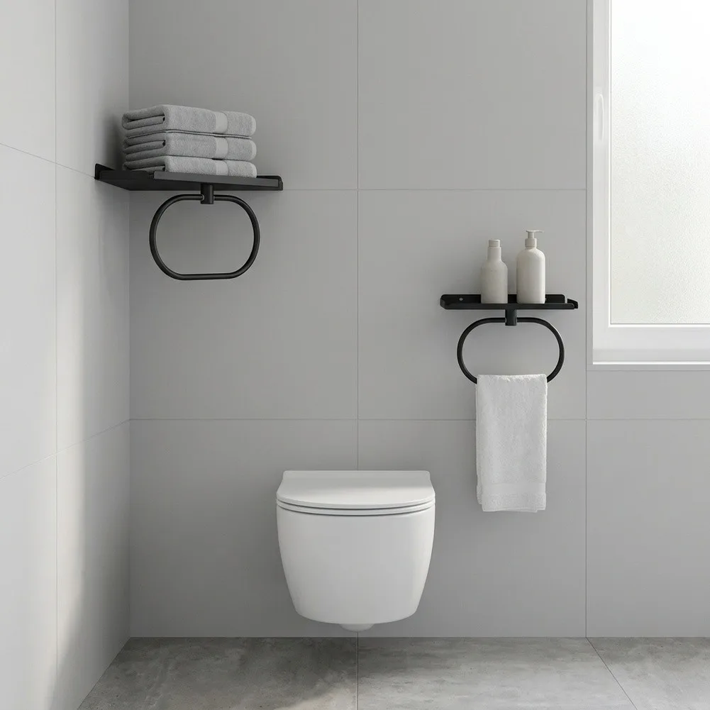 Wall Mount Stainless Steel Bathroom Shelf with Towel Ring for Compact Spaces Corner Black 22x12x12cm Square Wall