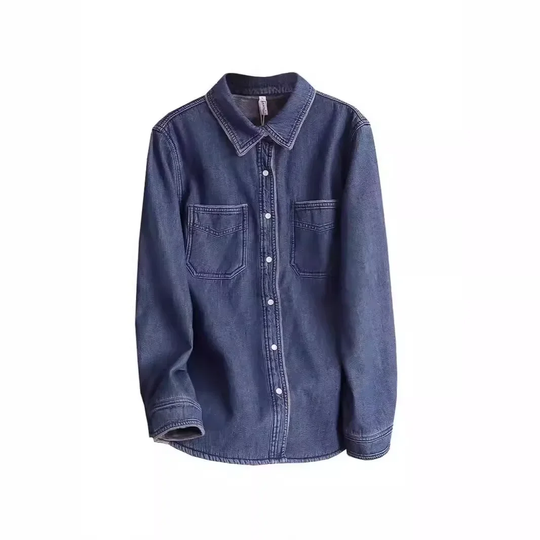 Denim Shirt Women Thick Top Winter 2025 Washed Single Breasted Turn Down Collar Pockets Female Vintage Streetwear Overshirt