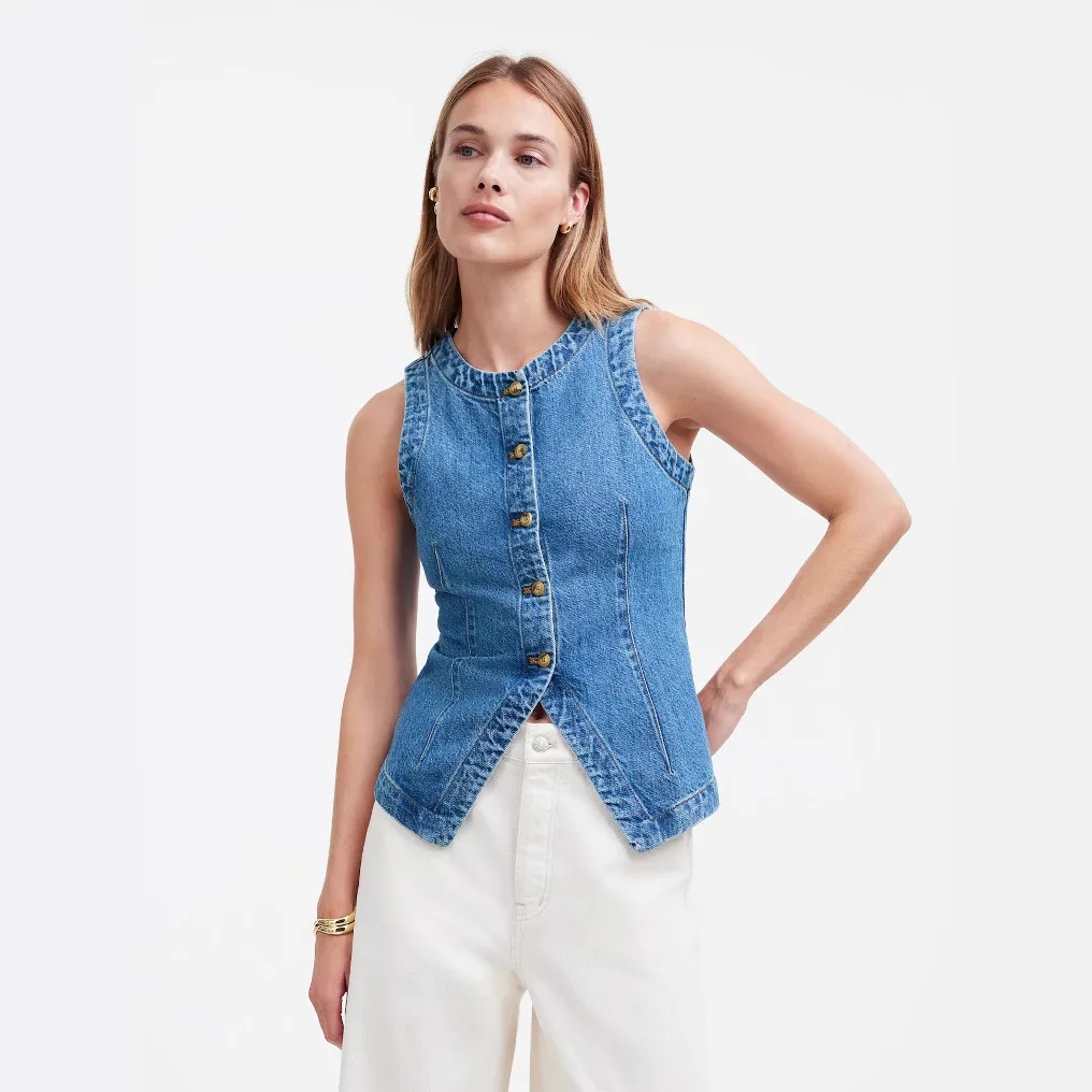 

2025 Summer New Sleeveless Slim Fit Denim Vest Women Round Neck Waistcoat Dark Blue Design Fashion Versatile Outerwear Piece