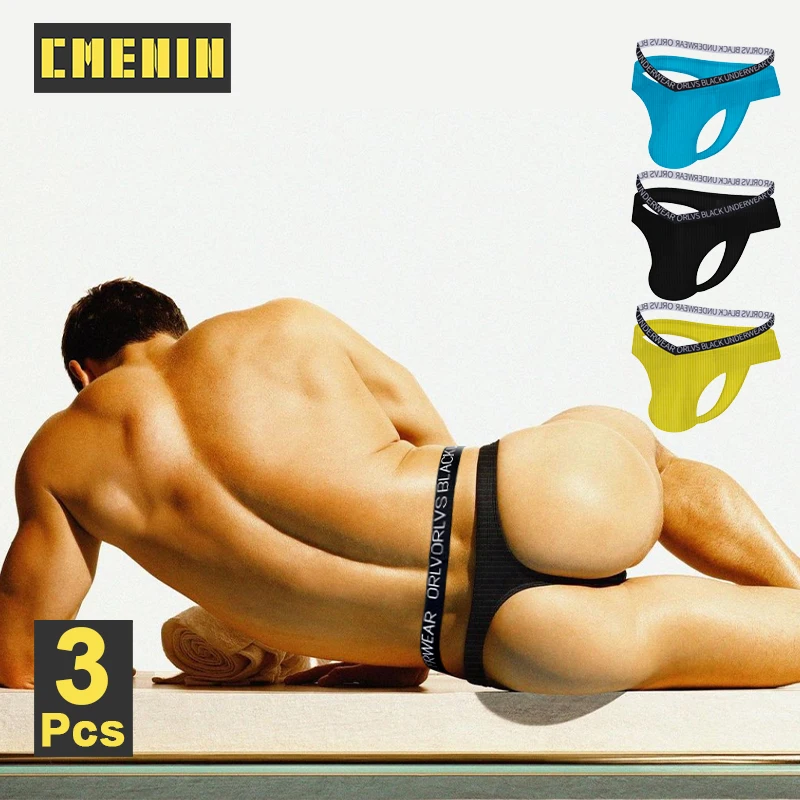 CMENIN 3Pcs Cotton Sexy Men Underwear Thongs V-neck Hanging Bikini Mens Jockstrap Sissy Slips Thongs and G Strings Man Innerwear