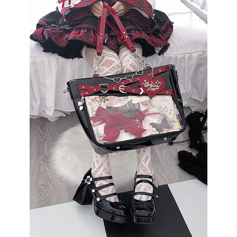 Richme Y2K Women Ita Bags Subculture Gothic Students DIY Badge Tote Bags Lacquer Leather Designer Crossbody Shoulder Bolso Mujer