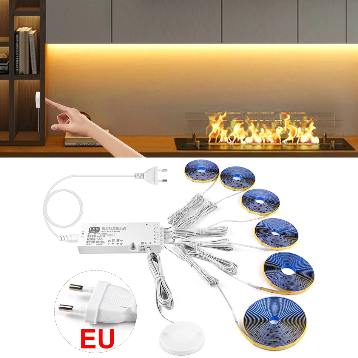 

1-6Pcs COB LED Strip Light 5M Kitchen Shelf Pantry Cabinet Light 12V Motion Sensor Touch Dimmable Switch Hidden Hole-free Swtich