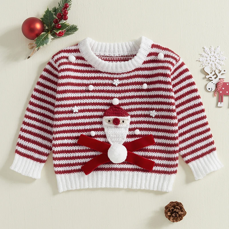 Kids Baby Boy Girl Christmas Sweater Autumn Winter Cute Santa Claus Warm Knitted Pullovers Striped Print Infants Knitwear