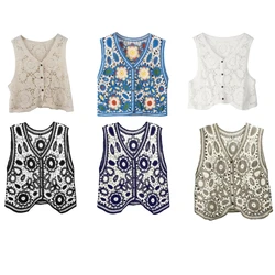 Women Crochet Knit Floral Vintage Sleeveless Vest V-Neck Button Up Crop Cardigan Dropship