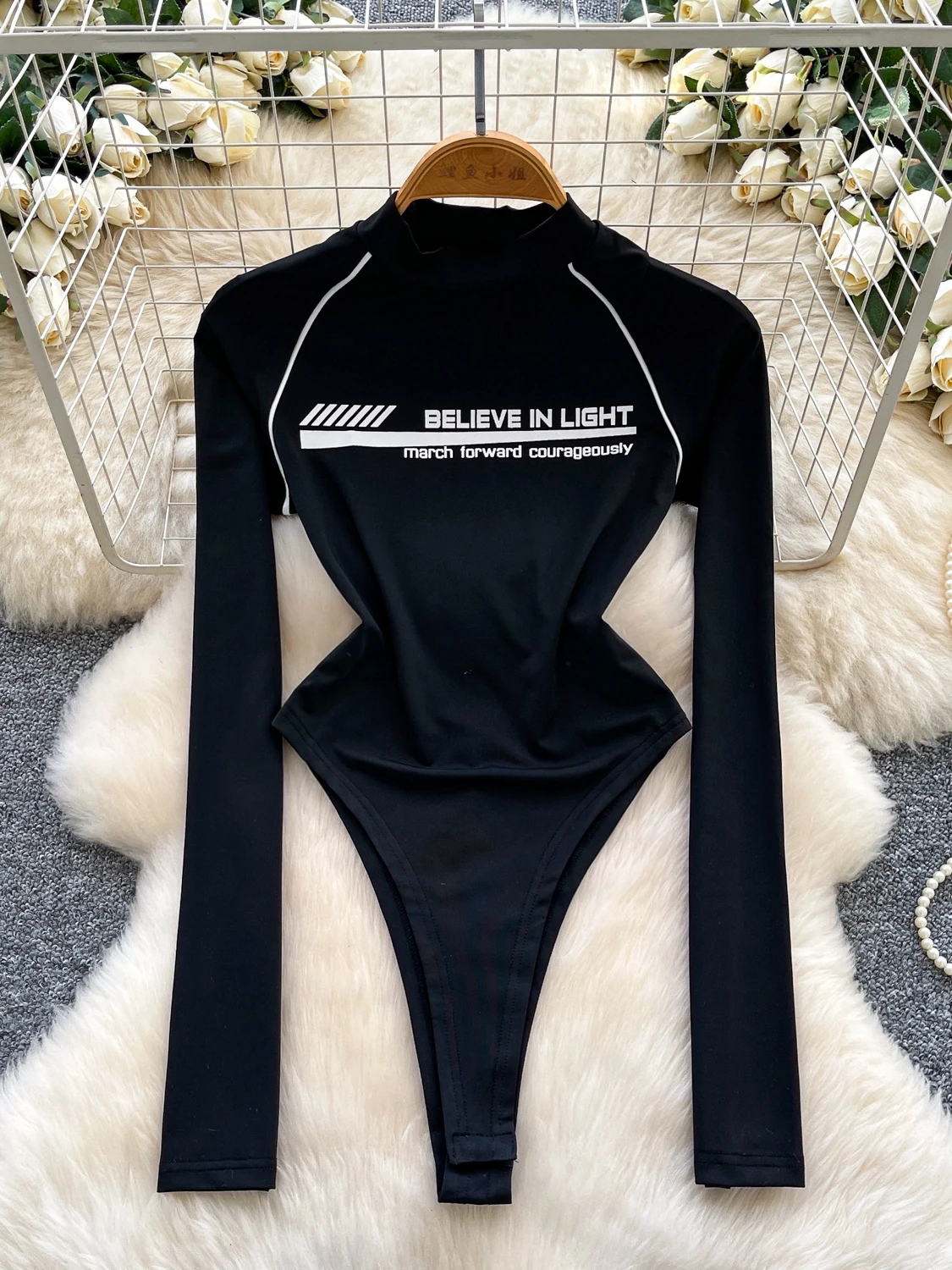 

Foamlina Fashion Letters Print Stand Collar Long Sleeve Bodysuit Women's Casual Black Slim Stretch Basic Top Bottoming Clothes