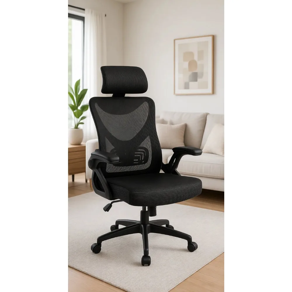 Ergonomic Chair: Headrest, Lumbar Support, Breathable Mesh, Adjustable, Padded, Flip-Up Armrests, 300lb Capacity