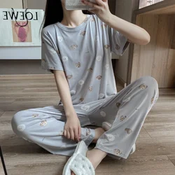 Kuzuwata Korean 2024 Summer Sets Womens Outfits Cartoon Bear Dog Modal Short Sleeved Pants Pajamas Loose Soft Printed Sleepwear