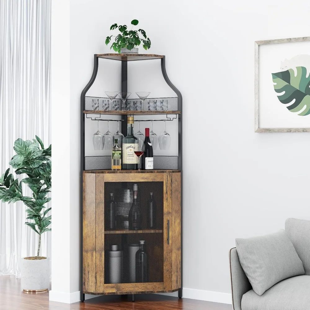 Industrial Style 5-Tier Corner Wine Rack with Removable Glass Shelf and Adjustable Liquor Storage Cabinet