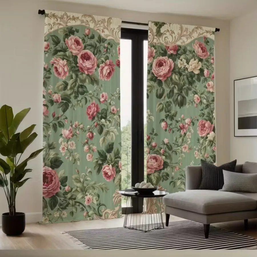 2 PCS Green Pink Rose Curtains, Retro Contrast Style Window Drapes for Living Room Bedroom Home Decor Polyester Rod Pocket