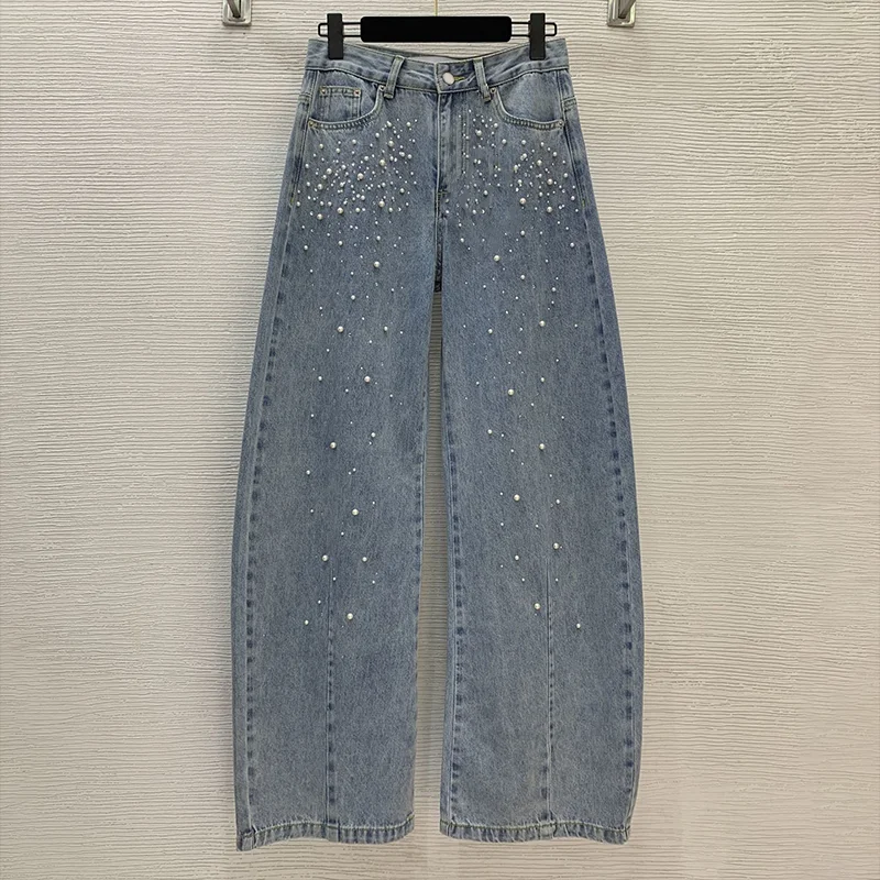 

High-quality women's fashion-style retro-design denim wide-leg pants with pearl patches fashion jeans for autumn 25090674
