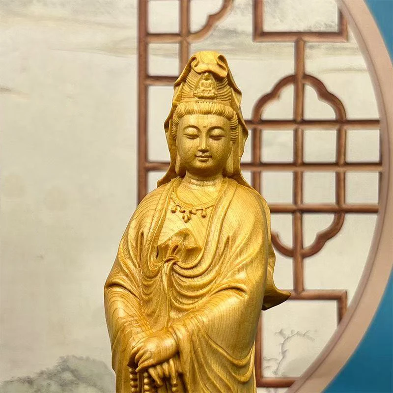 Cypress Wood Guan Yin Statue Solid Wood Carving Buddha Suitable for Home Rooms and Offices Wealth Luck Feng Shui Decor 12 /21cm