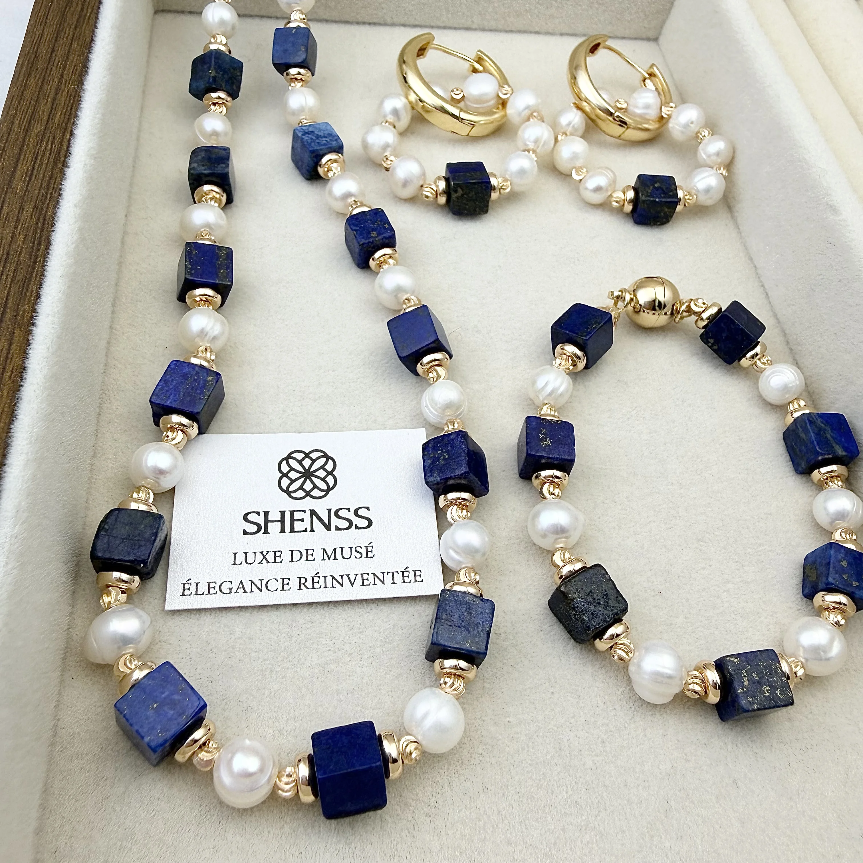 Natural Lapis Lazuli Cube Freshwater Pearl Jewelry Set Luxury Blue White Contrast Necklace Bracelet Earrings Elegant Versatile
