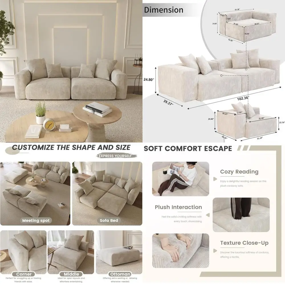 

102 Inch Corduroy 2-Seater Sectional Sofa, Beige, Removable Washable Covers