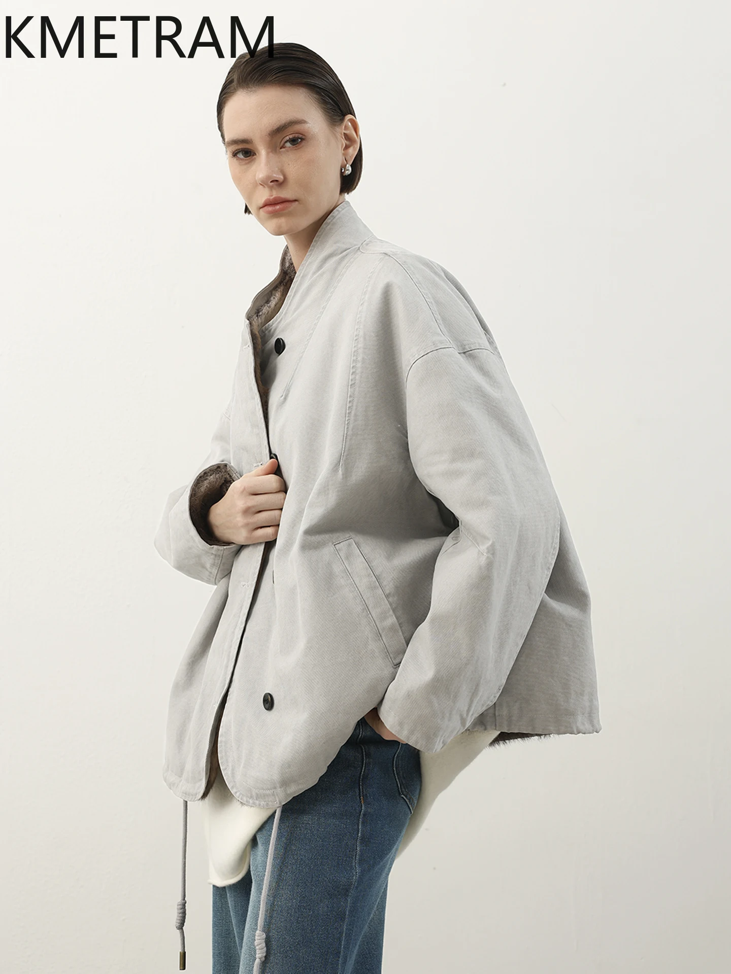 KMETRAM بطانة من فرو الأرنب الحقيقي ملابس خارجية جديدة مزدوجة الوجه معاطف من الفرو الحقيقي 2025 سترة نسائية شتوية قصيرة أربعة نسائية