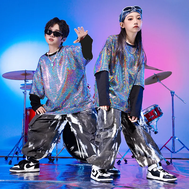 Abbigliamento Kpop Hip Hop per bambini Paillettes argento ​ ​ Top Streetwear Pantaloni da jogging cargo grigi per ragazze Ragazzi Abiti da ballo jazz