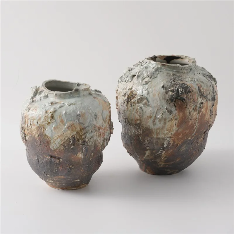 Wabi Sand Wind Retro Old New Chinese Style Ceramic Vase Model Room Hotel Villa Creative Dried Flowers Pottery Pot Ornament