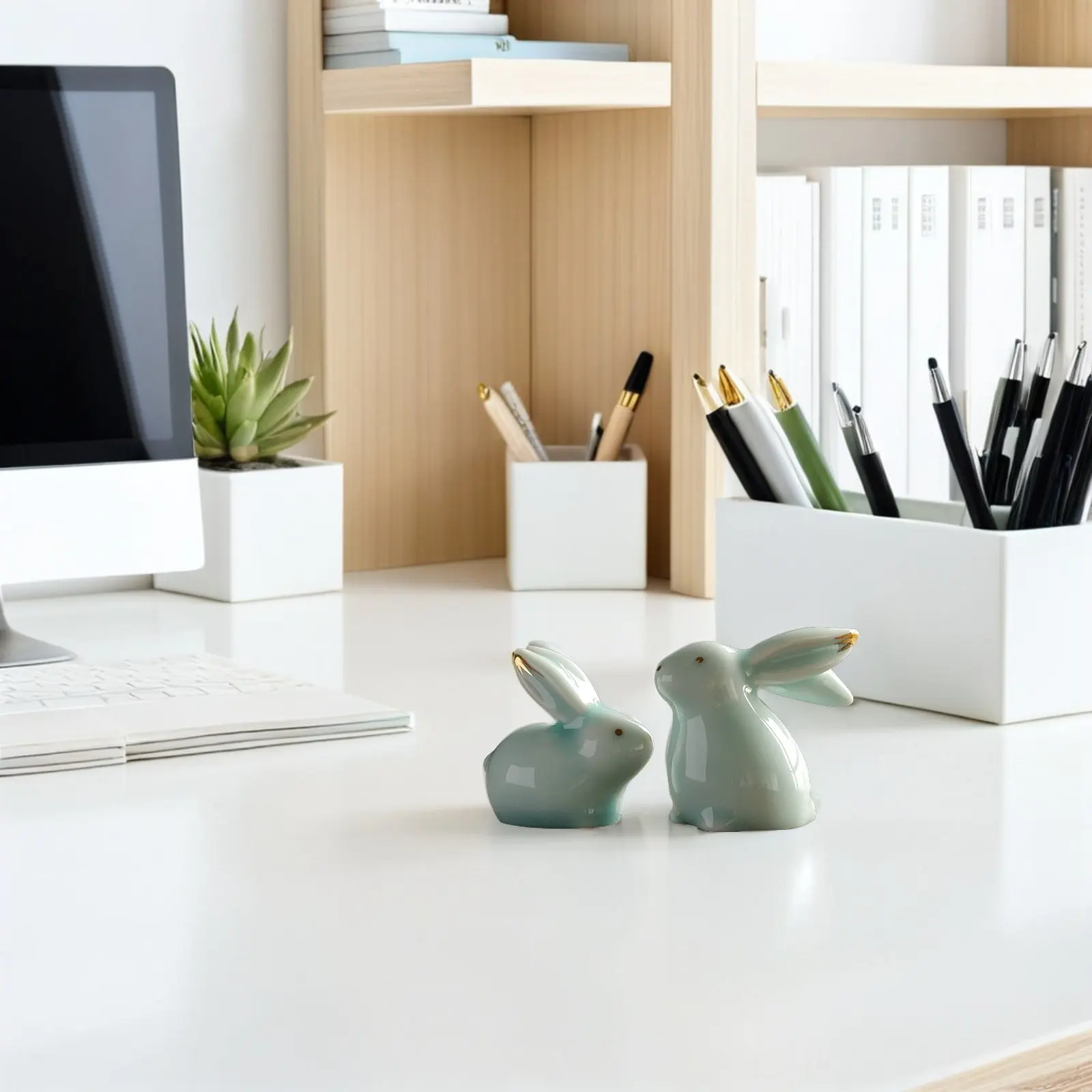 2Pcs Mini Ceramic Rabbit Adorn Whimsical Desktop Ornament for Micro Landscape Flower Pot Miniature Garden Bunny Decor Ceramic