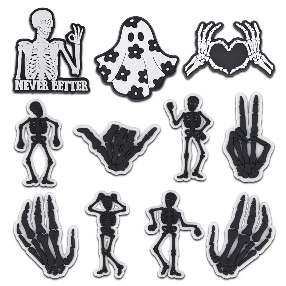 10-100PCS Gothic Halloween Skeleton gesture Ghost Shoe Charm Wholesale PVC Decor Buckle Sandal Detachable Waterproof To Gift
