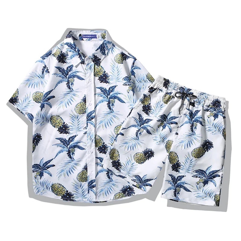

Mens Hawaii Flower Shirt Pants Set Beach Outfit Summer Vacation Casual Short Sleeve Top Tropical Print ventilate sports Suit