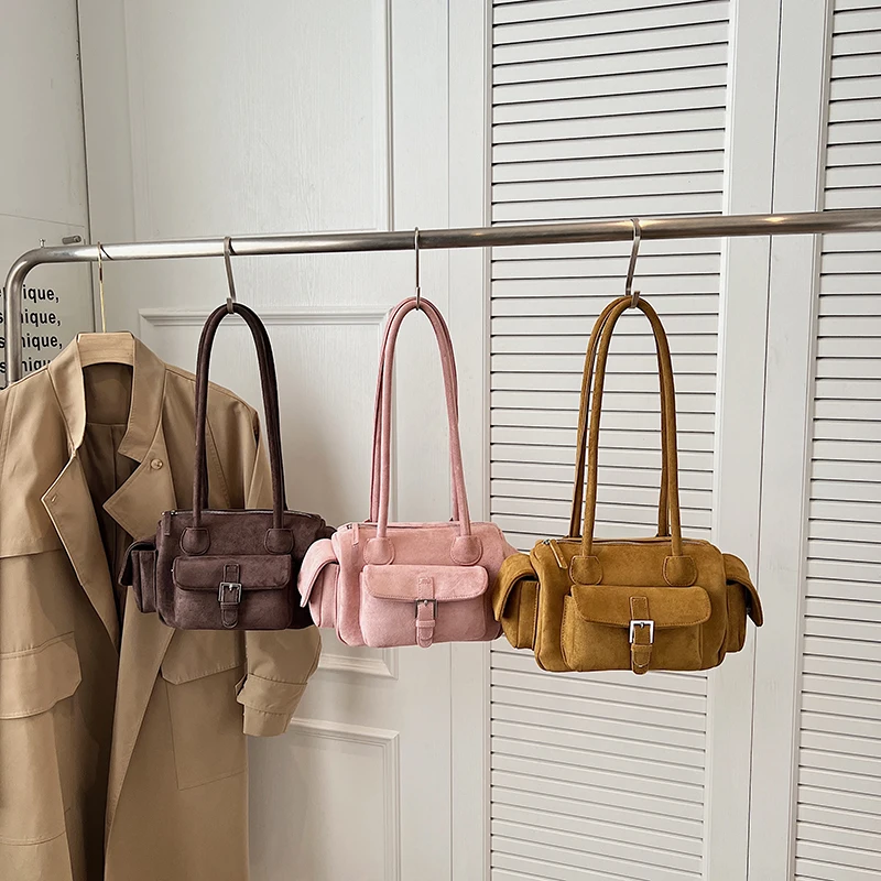 Multi-pockets Mini Shoulder Bags For Women Faux Suede Pure Color Satchels Bag 2025 Autumn New Casual Street Small Square Handbag