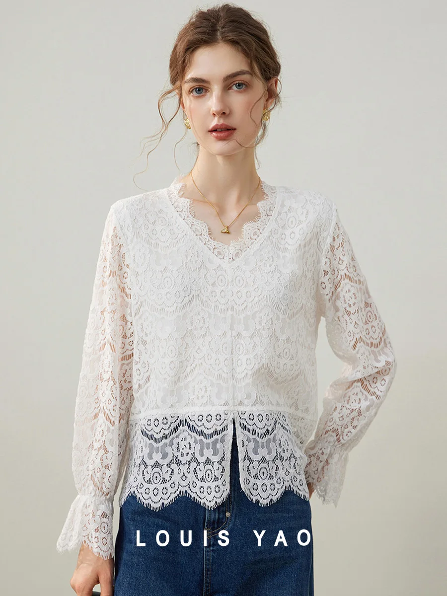 

LOUIS YAO 2025 Spring Elegant Hollow Lace Shirt Fashionable Pullover Shirt V-neck Long Sleeve Hooded Women's Shirt
